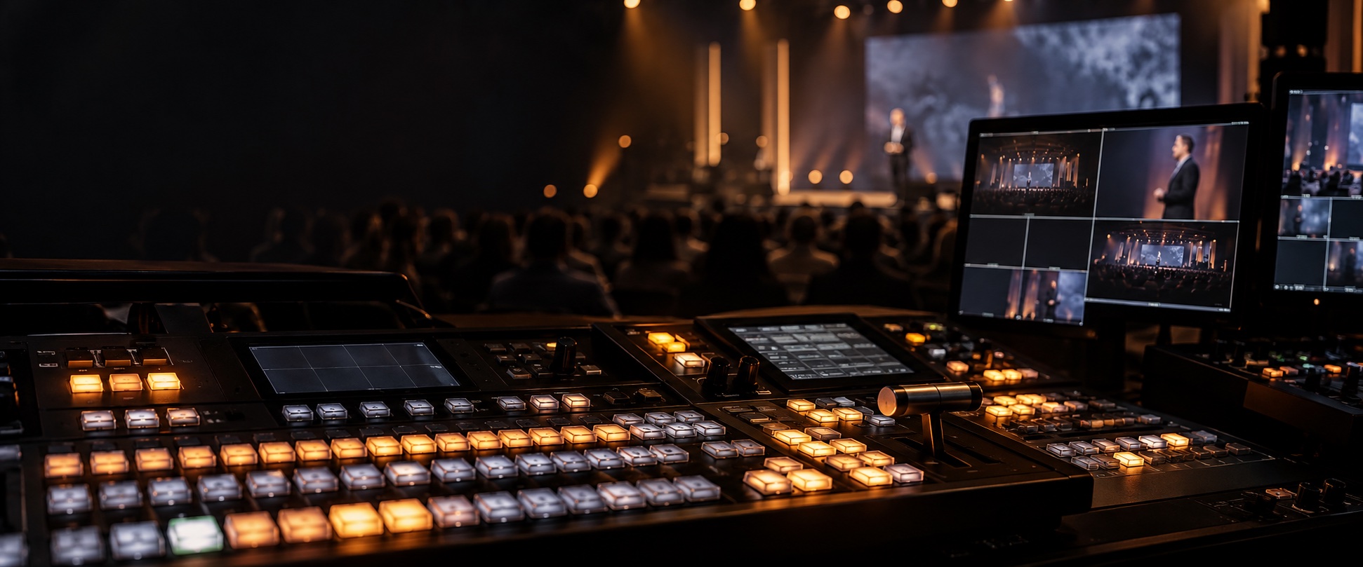 Illustrative broadcast control desk with illuminated switcher buttons